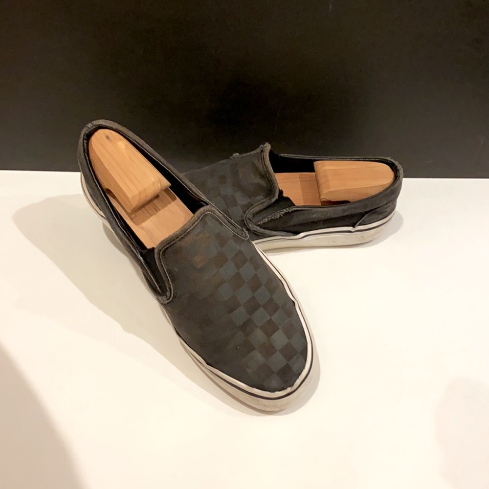 Men’s black checkered slip on vans